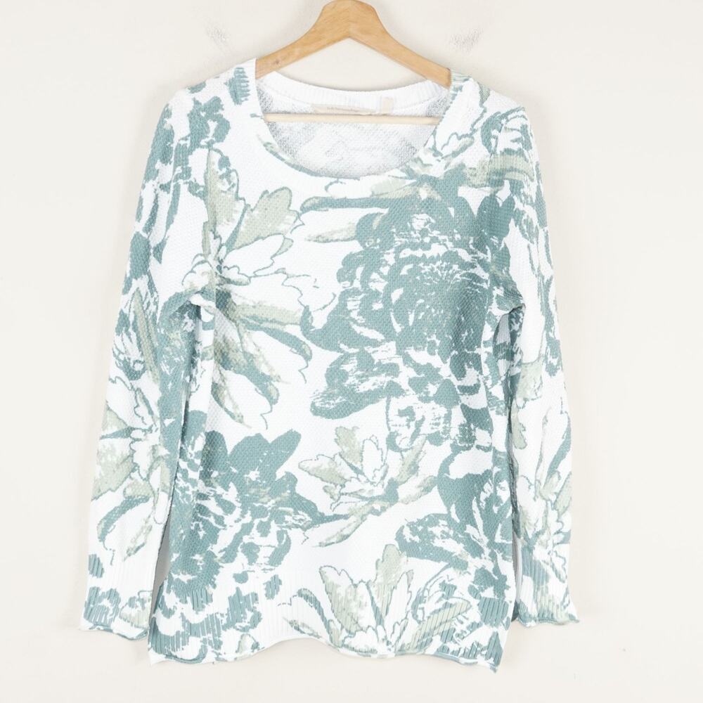Soft Surroundings White and Sage Floral Scoop Neck Sweater